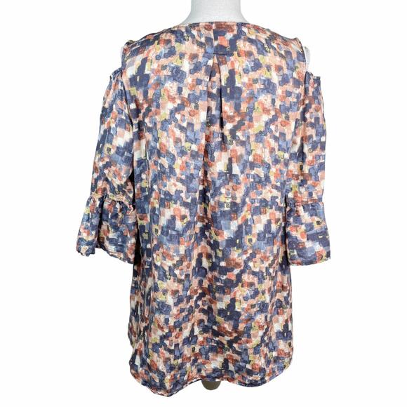 John Mark Linen Cold Shoulder Bell Sleeve Tunic Top Watercolor Print M - Picture 5 of 9
